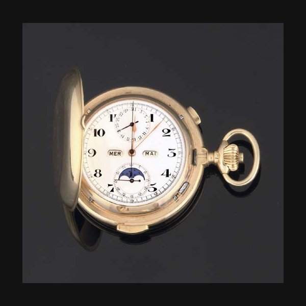 Swiss. An 18ct Gold minute repeating triple calender and moonphase full hunter watch with chronograph UNSIGNED, MOVEMENT NO 251762, CASE NO 50660, CIRCA 1900