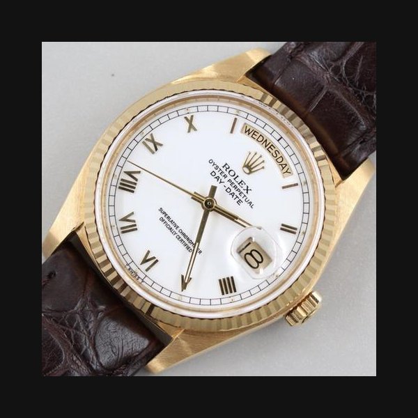 Rolex Rolex Day-DatePre-owned Yellow Gold Day-Date 36 Single Quickset White Roman Dial Leather Strap 18038