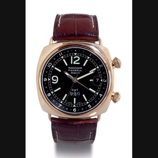 PANERAI. A LIMITED EDITION 18K PINK GOLD AUTOMATIC CUSHION DIVER'S WRISTWATCH WITH DATE, GMT AND ALARM SIGNED OFFICINE PANERAI, RADIOMIR, ALARM, GMT, I163/200, NO. BB1197694, CASE NO. OP 6662, CIRCA 2006