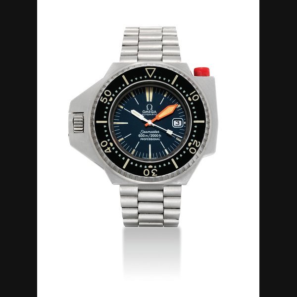 Omega OMEGA. AN OVERSIZED AND RARE STAINLESS STEEL AUTOMATIC DIVER'S WRISTWATCH WITH SWEEP CENTRE SECONDS, DATE AND BRACELET SIGNED OMEGA, AUTOMATIC, SEAMASTER 600M/2000FT PROFESSIONAL, REF. ST 166.077, "PLO PROF" MODEL, CIRCA 1975