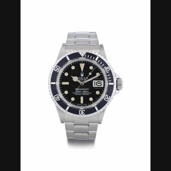 Rolex. A Stainless Steel Automatic Wristwatch with Center Seconds, Date, and Bracelet SIGNED ROLEX, OYSTER PERPETUAL DATE, SUBMARINER, 660FT=200M, REF. 1680, CASE NO. 3'931'263, CIRCA 1974