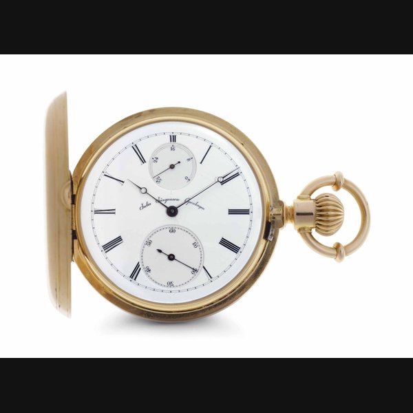 Jules Jürgensen. An 18k Pink Gold Hunter Case Keyless Lever Pocket Watch With Power Reserve And Patented Bow Setting SIGNED JULES JÜRGENSEN, COPENHAGEN, MOVEMENT NO. 13'608, CIRCA 1890