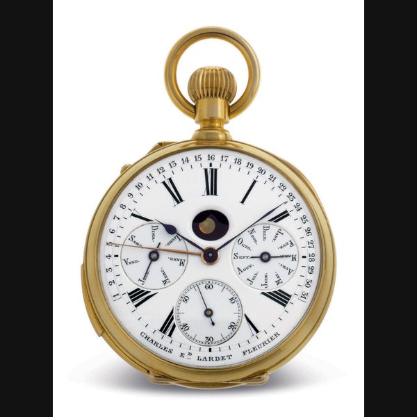 MARIUS LECOULTRE, MADE FOR CHARLES ED. LARDET. A VERY FINE AND UNUSUAL 18K GOLD OPENFACE MINUTE REPEATING PERPETUAL CALENDAR KEYLESS LEVER WATCH WITH PHASES OF THE MOON AND RETROGRADE DATE INDICATION SIGNED CHARLES ED. LARDET, FLEURIER (SUISSE), NO. 2715 AND LECOULTRE, GENEVE, NO. 2715 UNDERNEATH THE DIAL, CIRCA 1890