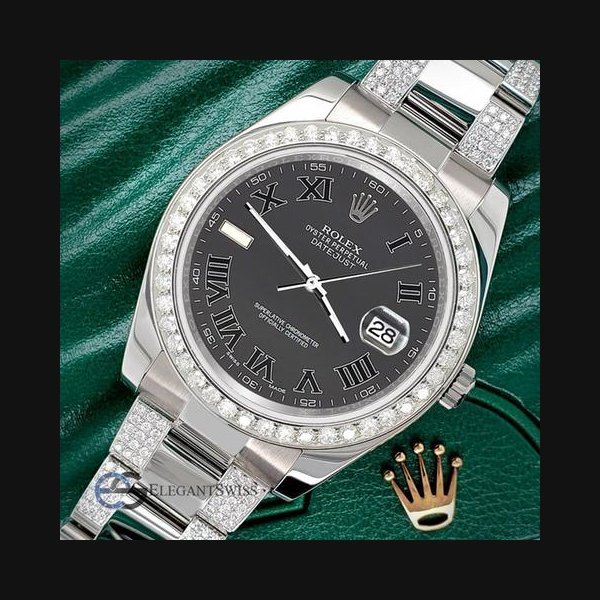 Rolex Rolex Datejust II41mm 5ct Diamond Watch With Gray Roman Dial 116300 Box Papers
