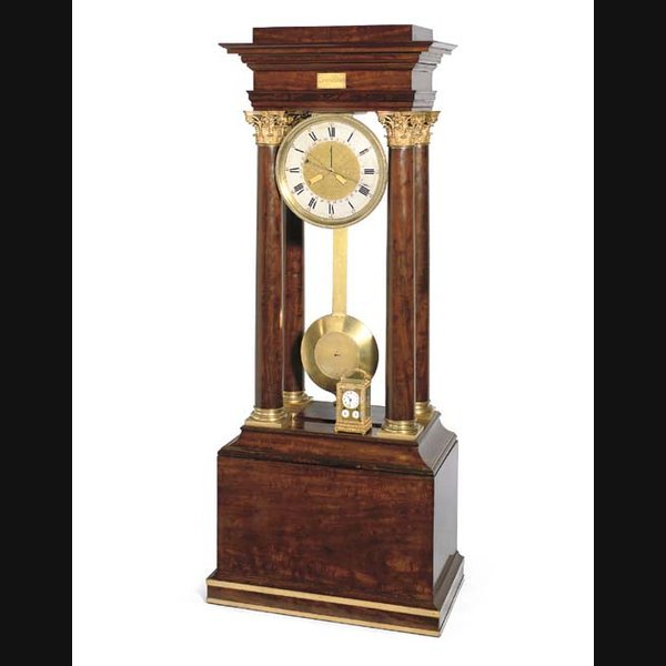 A French giant mahogany and brass-mounted portico timepiece with calendar and sweep seconds LEROY, PARIS. CIRCA 1830