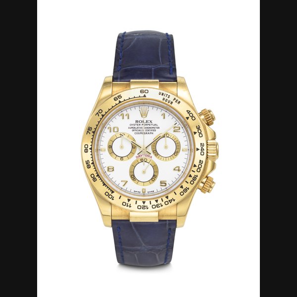 ROLEX. A VERY ATTRACTIVE 18K GOLD AUTOMATIC CHRONOGRAPH WRISTWATCH WITH WHITE DIAL DAYTONA MODEL, REF. 116518, CASE NO. Y685654, CIRCA 2002