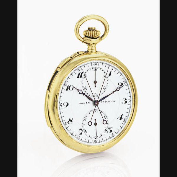 GRUEN. A RARE 18K GOLD OPENFACE MINUTE REPEATING SPLIT SECOND CHRONOGRAPH KEYLESS LEVER POCKET WATCH SIGNED DIETRICH GRUEN, PRECISION, MOVEMENT NO. 42780, CASE NO. 12380, CIRCA 1910