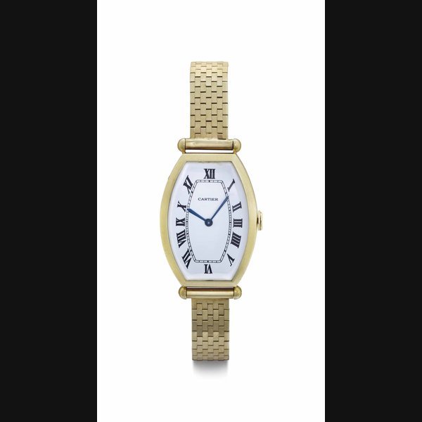 Cartier Cartier. An 18k Gold Tonneau-Shaped wristwatch SIGNED CARTIER, MOVEMENT SIGNED EUROPEAN WATCH AND CLOCK CO., MOVEMENT NO. 100'280, CASE NO. 269'217, CIRCA 1920