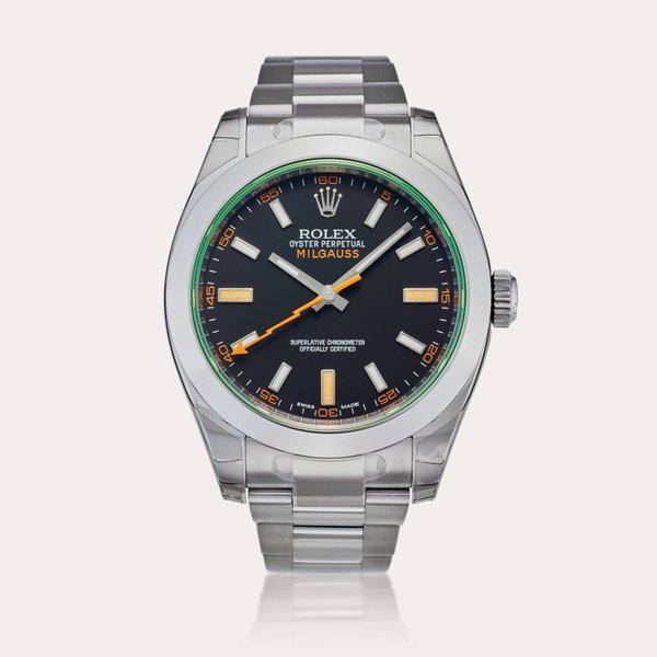 Rolex Reference 116400GV Milgauss | A stainless steel automatic antimagnetic wristwatch with green sapphire crystal and bracelet, Circa 2016