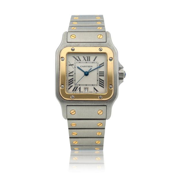 Cartier Reference 1566 Santos A stainless steel and yellow gold square shaped wristwatch with date and bracelet, Circa 2010