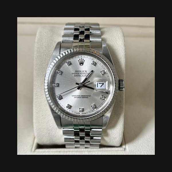 Rolex Rolex Datejust36 Stainless Steel Sunburst Silver Factory-Set Diamond Dial Fluted Bezel Jubilee Year 1987
