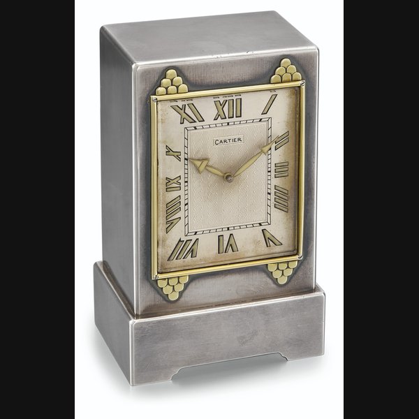 CARTIER, ART DECO SILVER AND GOLD, 8-DAY GONG DESK CLOCK Signed Cartier, European Watch & Clock Co., no. 12'418, movement no. 58'226, circa 1930