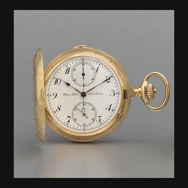 Ulysse Nardin. A fine 18K pink gold hunter case chronograph keyless lever watch SIGNED ULYSSE NARDIN, LOCLE & GENEVE, NO. 13843, CIRCA 1920