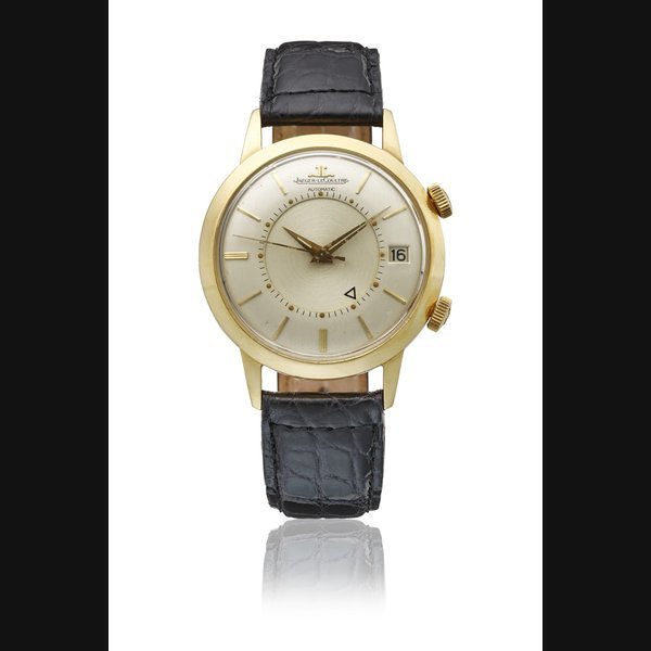 Jaeger-Lecoultre JAEGER-LECOULTRE. AN 18K GOLD AUTOMATIC WRISTWATCH WITH SWEEP CENTRE SECONDS, ALARM, DATE, CERTIFICATE AND BOX SIGNED JAEGER-LECOULTRE, MEMOVOX MODEL, CIRCA 1961