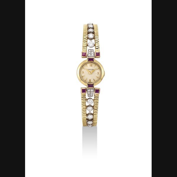 Cartier CARTIER. A FINE 18K GOLD, DIAMOND AND RUBY-SET WRISTWATCH SIGNED CARTIER, MOVEMENT SIGNED EUROPEAN WATCH AND CLOCK CO. INC., MOVEMENT NO. 775'729, CASE NO. 468220A, CIRCA 1930