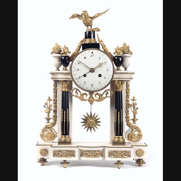 A Louis XVI ormolu-mounted black and white marble striking portico mantel clock, late 18th Century