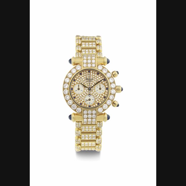 Chopard. A Fine 18k Gold, Diamond and Sapphire-Set Chronograph Wristwatch with Bracelet SIGNED CHOPARD, GENEVE, IMPERIALE MODEL, NO. 102, REF. 38/3212-23, CASE NO. 387'286 4143, CIRCA 2000