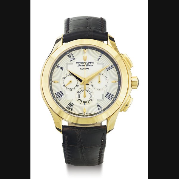 UNIVERSAL. A LIMITED EDITION 18K GOLD CHRONOGRAPH WRISTWATCH SIGNED UNIVERSAL GENEVE, OKEANOS COMPAX , NO. 012, MOVEMENT NO. 4520907, REF. 184.122, CIRCA 1980