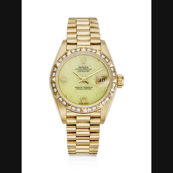 ROLEX, LADY YELLOW GOLD AND DIAMOND-SET ‘DATEJUST’, WITH GREEN STONE DIAL, REF. 69198 SERIAL NO: 8'311'425