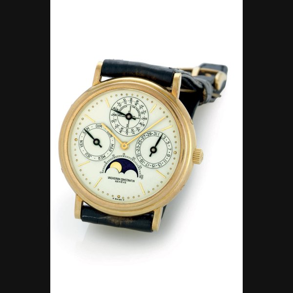 VACHERON CONSTANTIN. AN 18K GOLD AUTOMATIC PERPETUAL CALENDAR WRISTWATCH WITH MOON PHASES SIGNED VACHERON CONSTANTIN, GENEVE, MOVEMENT NO. 709284, CASE NO. 574647, REF. 43031, CIRCA 1990