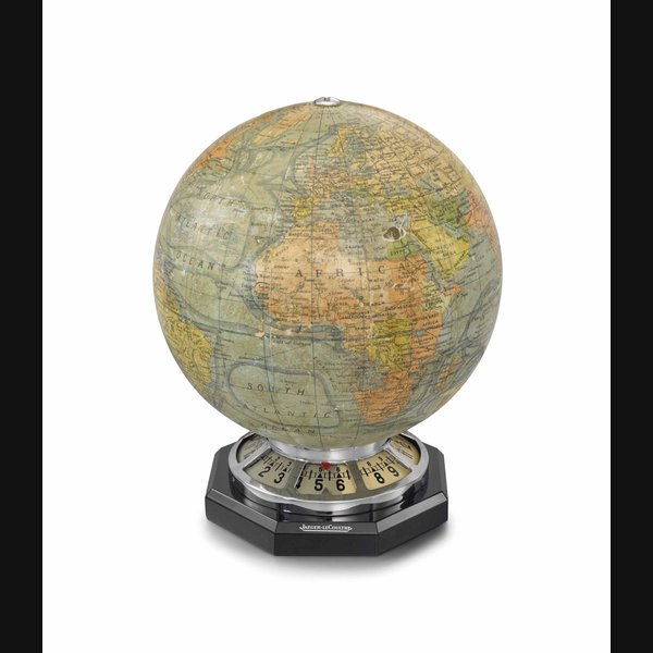 Jaeger-LeCoultre & J. Forest. A fine, very rare and unusual 8-day Art Deco table clock with electric illuminated terrestrial globe SIGNED JAEGER-LECOULTRE, REF. 163, "MAPPEMONDE", NO. 4'700, THE GLOBE GORES BY J. FOREST, 17-19, RUE DE BUCI, PARIS, CIRCA 1935