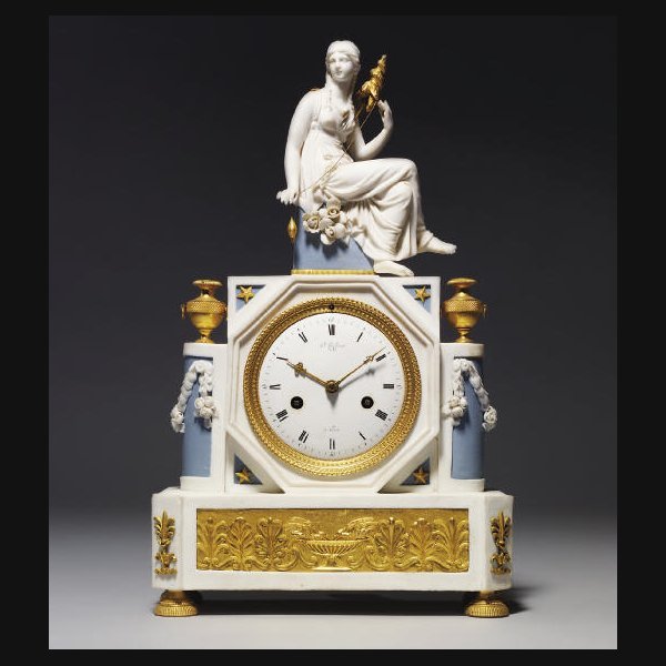  An Empire ormolu-mounted biscuit porcelain striking eight day mantel clock V. LA FROIX, PARIS. CIRCA 1800