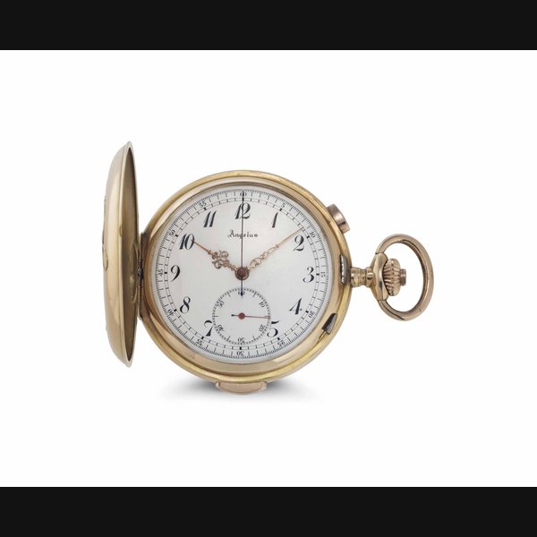 Angelus. An 18k Pink Gold Quarter Repeating Hunter Case Keyless Lever Chronograph Watch SIGNED ANGELUS, CASE NO. 38'818, LATE 19TH CENTURY