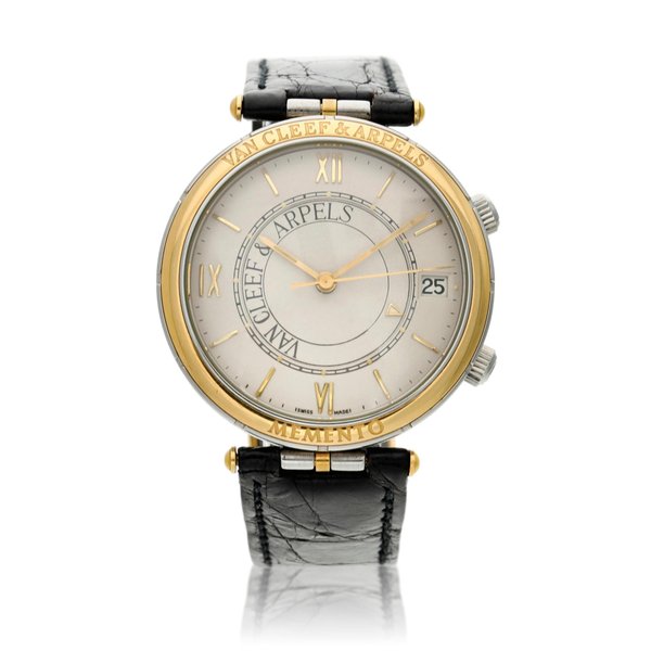 Van Cleef & Arpels Reference 423 003 La Collection 'Memento', A limited edition stainless steel and gold plated alarm wristwatch with date, Circa 1980 · 423