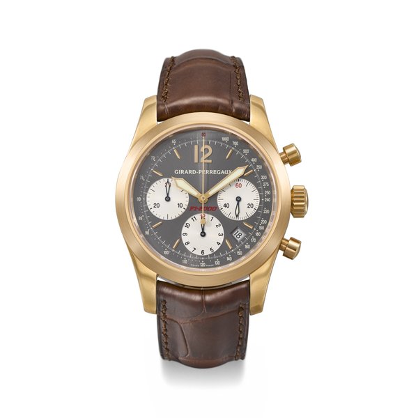 GIRARD-PERREGAUX. A RARE 18K PINK GOLD AUTOMATIC CHRONOGRAPH WRISTWATCH WITH DATE, GUARANTEE AND BOX, MADE FOR FERRARI SIGNED GIRARD-PERREGAUX, F1-2000 FERRARI WORLD CHAMPION 1999-2000-2001, REF. 4956, CIRCA 2001