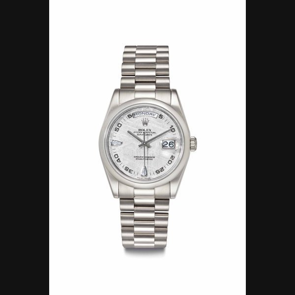 Rolex Rolex. A Fine, Rare and Extremely Attractive 18k White Gold and Diamond-set Automatic Wristwatch with Day, Date, Center Seconds, Meteorite Dial, and Bracelet Signed Rolex, Oyster Perpetual, Day-Date, Ref. 118209, Case No. P639686, Circa 2002