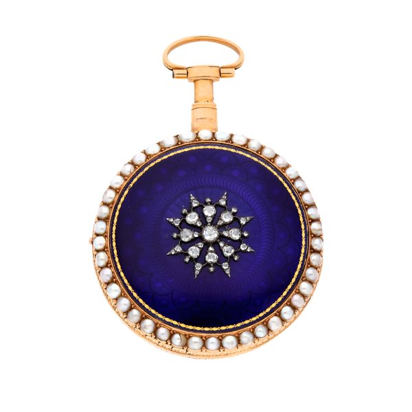Chevalier et Compagnie A gold, enamel and pearl-set verge watch with gilt-metal outer protective case Circa 1790, no. 8336