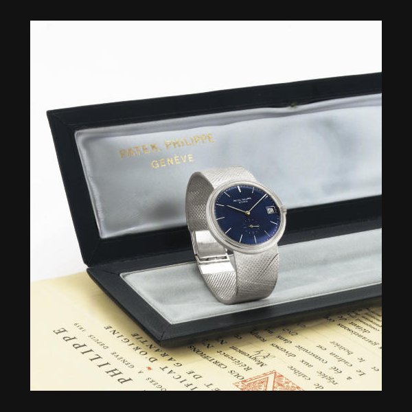 PATEK PHILIPPE. A RARE 18K WHITE GOLD AUTOMATIC BRACELET WATCH WITH DATE, ORIGINAL BOX AND CERTIFICATE SIGNED PATEK PHILIPPE, MOVEMENT NO. 1129289, CASE NO. 323157, REF. 3445/6, MANUFACTURED IN 1969