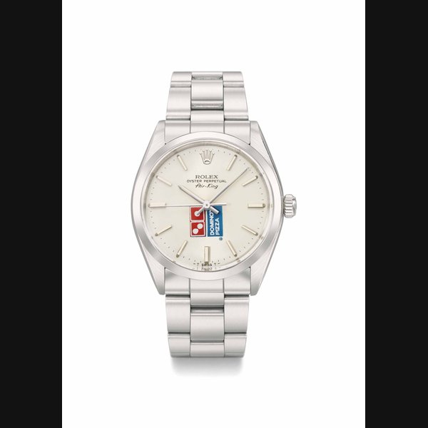 Rolex. An attractive stainless steel automatic wristwatch with sweep centre seconds, bracelet, Guarantee and box, made for Domino's Pizza SIGNED ROLEX, OYSTER PERPETUAL, AIR KING, REF. 5500, CASE NO. 8'019'808, CIRCA 1983