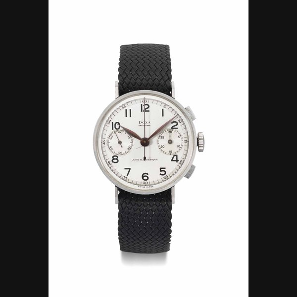 Doxa. A very attractive stainless steel chronograph wristwatch with two-tone silvered dial SIGNED DOXA, FAB. SUISSE, ANTI MAGNETIQUE, CASE NOS. 4'420'309 AND 186'719, CIRCA 1940