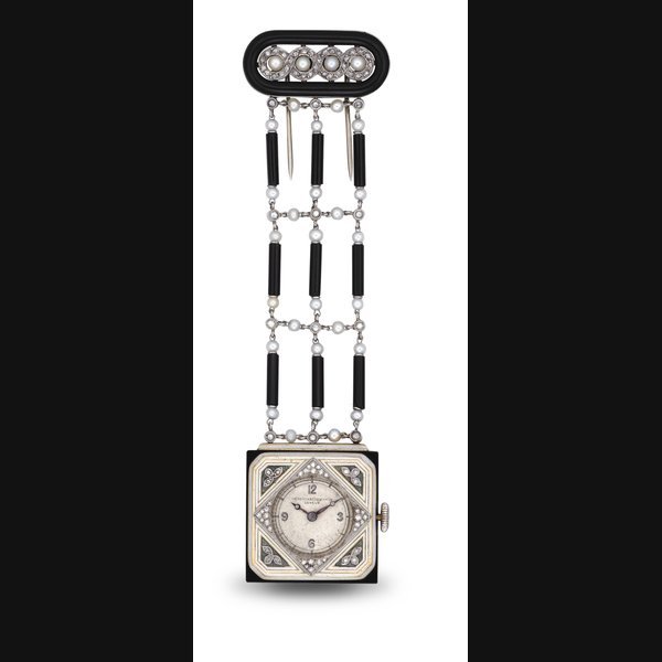  VACHERON & CONSTANTIN AND VERGER FRERES. A FINE AND RARE, PLATINUM, GOLD, DIAMOND AND ONYX KEYLESS LEVER PENDANT WATCH SIGNED VACHERON & CONSTANTIN, MOVEMENT NO. 396'596, CASE NO. 7'825, CASE STAMPED VF FOR VERGER FRERES, CIRCA 1930