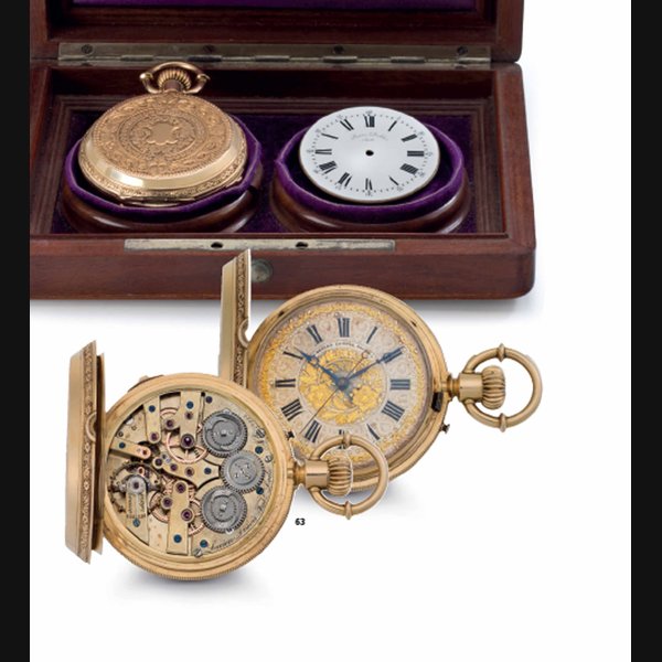 Lucien Dubois. An 18k Gold Two-Train Hunter Case Keyless Lever Pocket Watch with Original Box and Additional Enamel Dial SIGNED LUCIEN DUBOIS, LOCLE, NO. 13'578, CIRCA 1860
