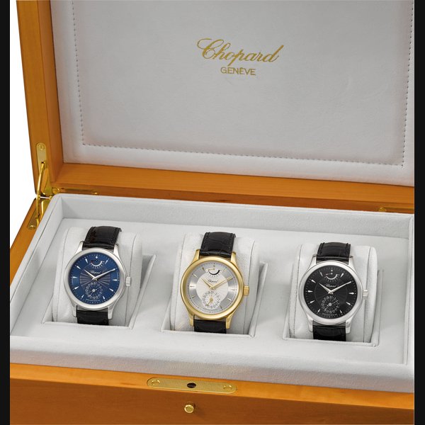 Chopard. A rare and attractive set comprising a platinum, an 18K yellow and an 18K white gold limited edition four barrel 8-days wristwatch with power reserve, date, in one original fitted box Signed Chopard, Genève, L.U.C. Quattro models, nos. 0029/1860, 0129/1860, 0129/1860, ref. 16/91863, movement nos. 1'000'674, 1’000’665, 1’000’517, case nos. 798’511, 939’138, 933’210, manufactured in 2001