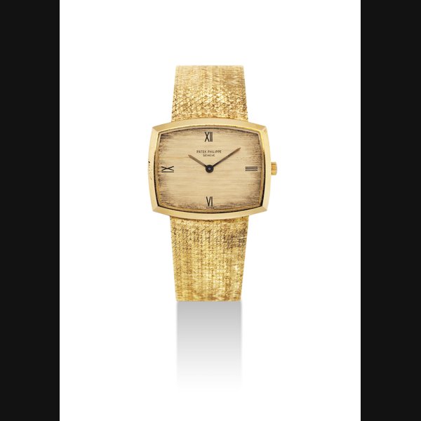 PATEK PHILIPPE. AN 18K GOLD CUSHION-SHAPED BRACELET WATCH SIGNED PATEK PHILIPPE, GENEVE, REF. 3528, MOVEMENT NO. 1'134'114, CASE NO. 2'648'003, MANUFACTURED IN 1966