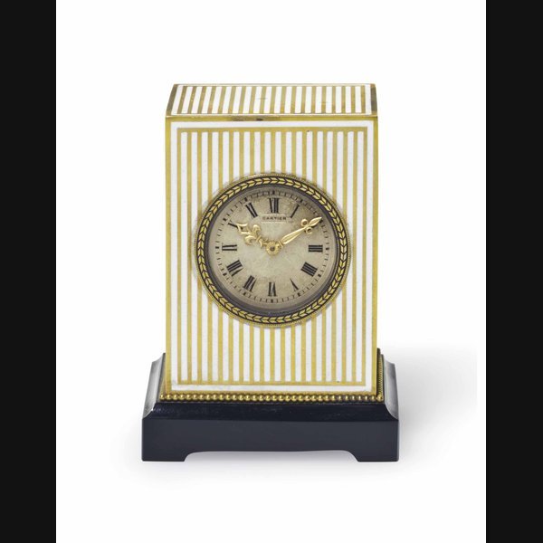 Cartier Cartier. A Rare and Elegant Gold on Silver and Enamel Mignonette Desk Clock SIGNED CARTIER, MOVEMENT EUROPEAN WATCH AND CLOCK CO., INC., FRANCE, MOVEMENT NO. 160'764, MOVEMENT AND CASE 1208 AND 706, CIRCA 1919