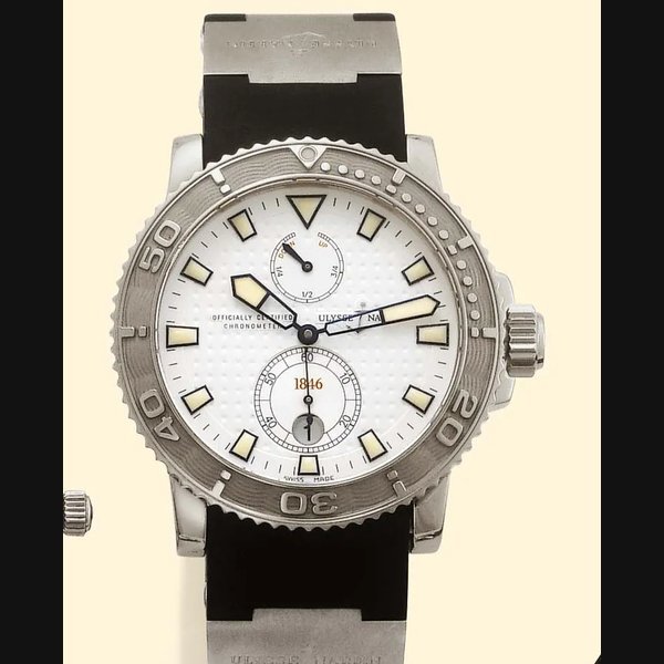 Ulysse Nardin Ulysse Nardin, Le Locle, Suisse, "Marine Diver Chronometer", Officially Certified, Ref. 263-33. Produced in 2003. Fine, self-winding, water-resistant, stainless steel gentleman's diving wristwatch with date, a rubber strap with titanium sections and a titanium Ulysse Nardin deployant clasp. Accompanied by a fitted box and certificate. | Important Collector's Wristwatches, Pocket Watches & Clocks | New York, 1st December 2004 · 263-33