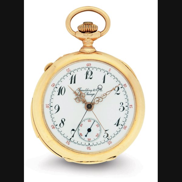 PATEK PHILIPPE. A FINE AND RARE 18K PINK GOLD OPENFACE MINUTE REPEATING SPLIT-SECONDS CHRONOGRAPH KEYLESS LEVER POCKET WATCH WITH BREGUET NUMERALS AND AMERICAN CASE SIGNED PATEK PHILIPPE & CO., RETAILED BY SPAULDING & CO., CHICAGO, MOVEMENT NO. 97344, CASE NO. 214734, MANUFACTURED IN 1893