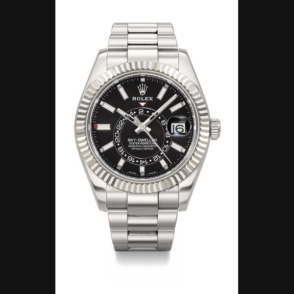 ROLEX. AN ATTRACTIVE STAINLESS STEEL AND 18K WHITE GOLD AUTOMATIC ANNUAL CALENDAR DUAL TIME WRISTWATCH WITH SWEEP CENTRE SECONDS AND BRACELET SIGNED ROLEX, SKY-DWELLER MODEL, REF. 326934, CASE NO. 9357F836, CIRCA 2020