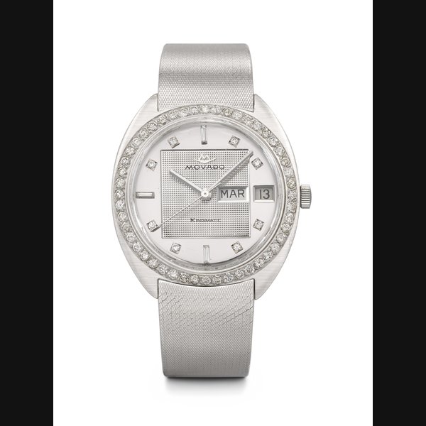 MOVADO. AN ELEGANT 18K WHITE GOLD AND DIAMOND-SET CUSHION-SHAPED AUTOMATIC WRISTWATCH WITH SWEEP CENTRE SECONDS, DAY, DATE AND BRACELET KINGMATIC MODEL, CASE NO. 540'030'700, CIRCA 1970