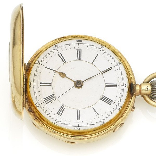 Emanuel, 45 Albermarle Street, London. An 18K gold keyless wind half hunter pocket watch with centre seconds Case & Movement No.43545, London Hallmark for 1882