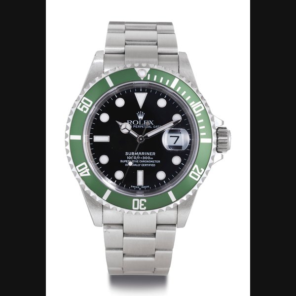 ROLEX. A STAINLESS STEEL AUTOMATIC WRISTWATCH WITH DATE, CENTER SECONDS, BRACELET AND GREEN BEZEL SIGNED ROLEX, OYSTER PERPETUAL DATE, SUBMARINER, 1000FT=300M, CASE NO. D198128, REF. 16610, CIRCA 2005