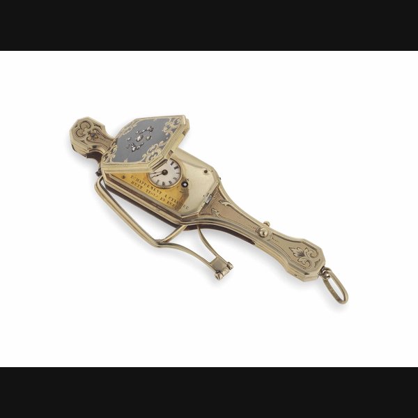 Anonymous. An 18k Gold, Enamel and Diamond-set Keywound Cylinder Watch in the Form of A Lorgnette with Concealed Dial UNSIGNED, MID 19TH CENTURY