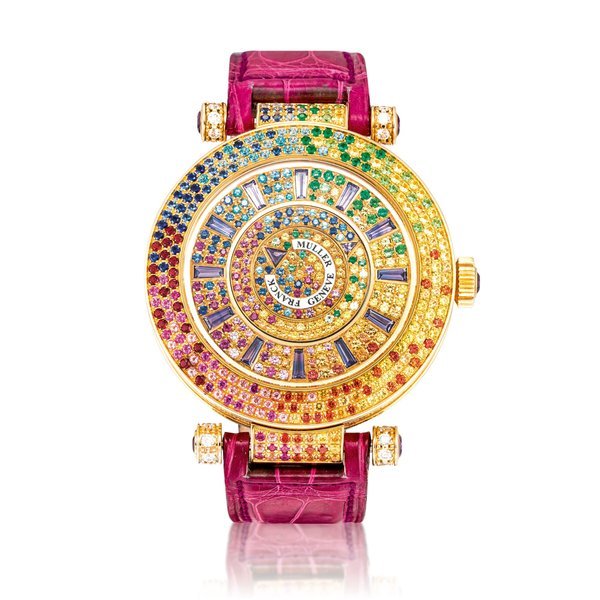 Franck Muller Double Mystery, Reference DM 42 D 3R CD | A yellow gold, diamond, sapphire and multi-coloured gem-set wristwatch, Circa 2015 | Double Mystery  型號DM 42 D 3R CD | 黃金鑲鑽石、藍寶石及多彩寶石腕錶，約2015年製 · ERENCE