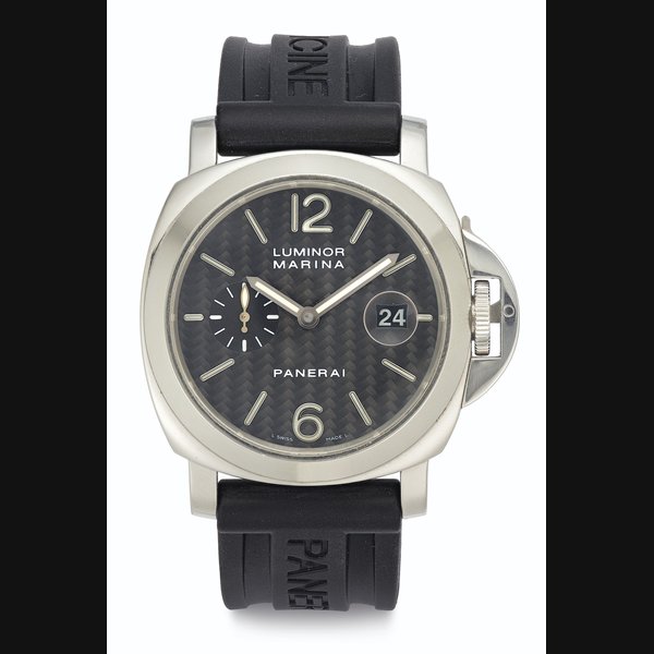 Panerai. A Fine Limited Edition 18k White Gold Wristwatch with Date and Carbon Fiber Dial Signed Panerai, Luminor Marina, PAM00180, No. HO96/200, OP6632, BB 1157522, Circa 2005