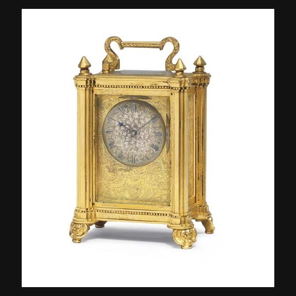 A Victorian engraved gilt-brass small carriage timepiece N. HART & SON, NO. 18921. CIRCA 1840
