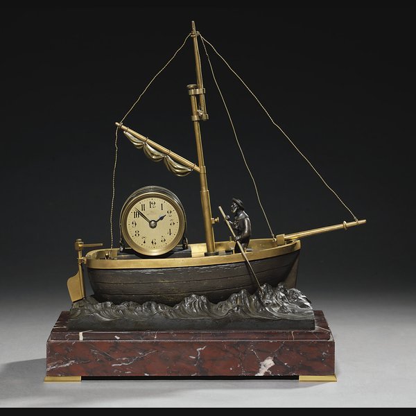  A French gilt and patinated bronze and rouge griotte marble eight day novelty timepiece in the form of boat with rocking mariner GUILMET, PARIS. CIRCA 1890